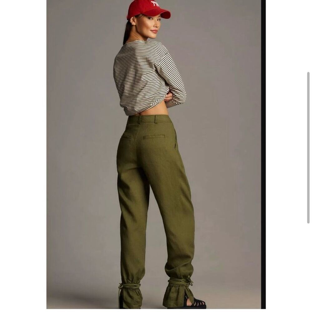 Anthropologie Ankle-Tie bell bottom 100% linen‎ pants Size 0 green - Picture 3 of 14
